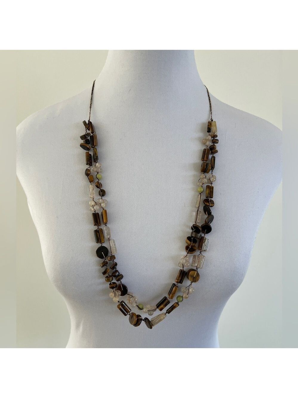 NECKLACE Long Chunky Two Strand Knotted Tigers Eye Colour Beads Coastal Neutral